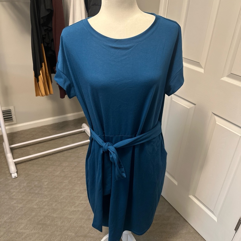 Blue Short Sleeve Tie Front Dress